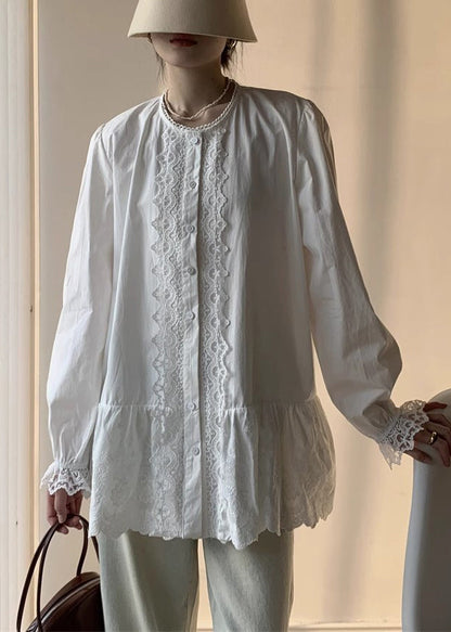 Elegant White Lace Button Cotton Shirt Fall