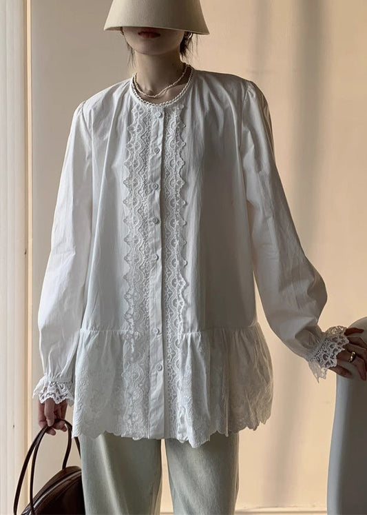 Elegant White Lace Button Cotton Shirt Fall