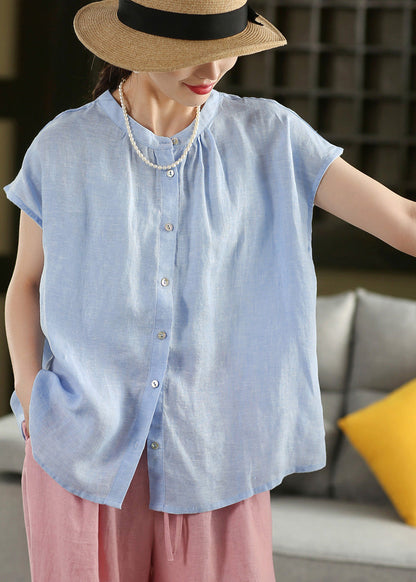 Bohemian Blue Oversized Linen Blouse Tops Summer