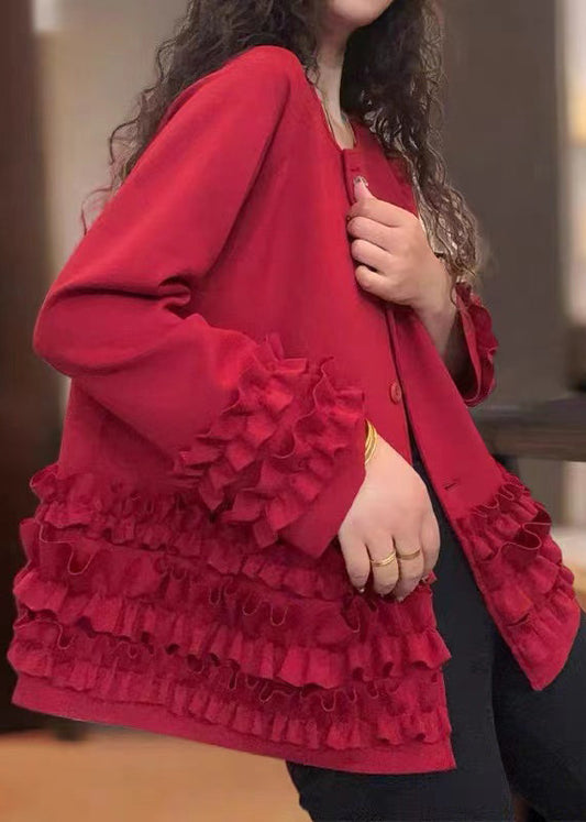 Boho Red Ruffled Oversized Cotton Coats Fall