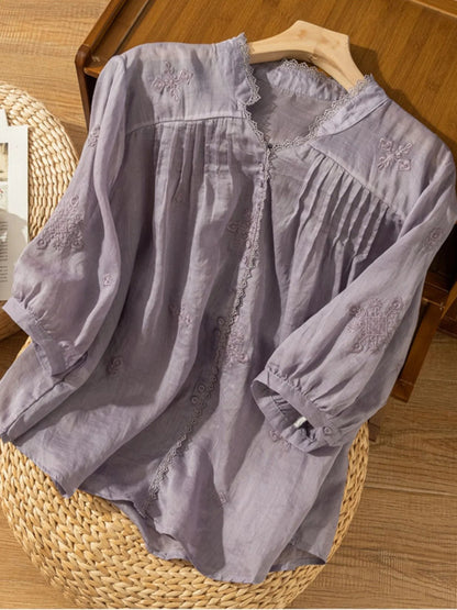 Embroidered V Neck 3/4 Sleeve Casual Linen Shirt Top