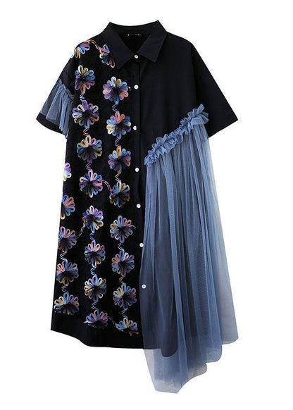 Casual Black Patchwork Tulle Peter Pan Collar Summer Button Dresses Half Sleeve