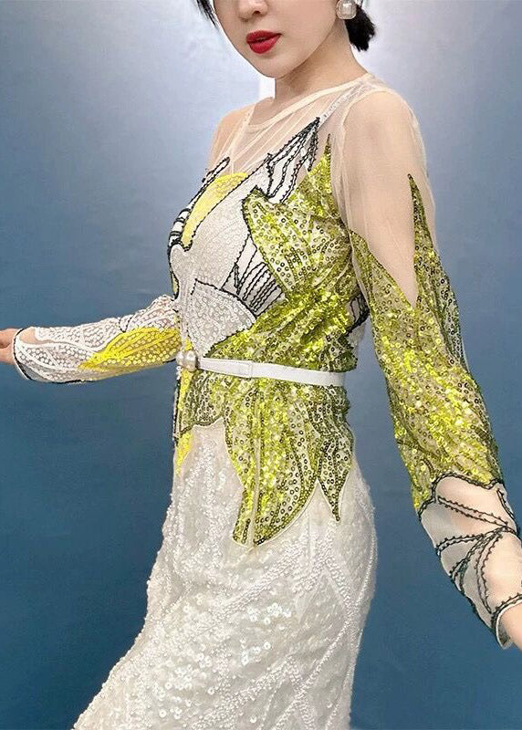 Bohemian Green O-Neck Print Sequins Thin Top Fall