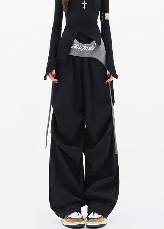 Casual Black Pockets Wrinkled Cotton Wide Leg Pants Fall