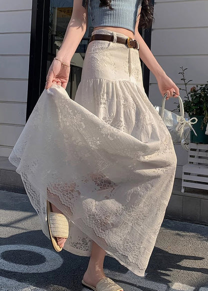 Art White Hollow Out High Waist Lace Skirt Summer