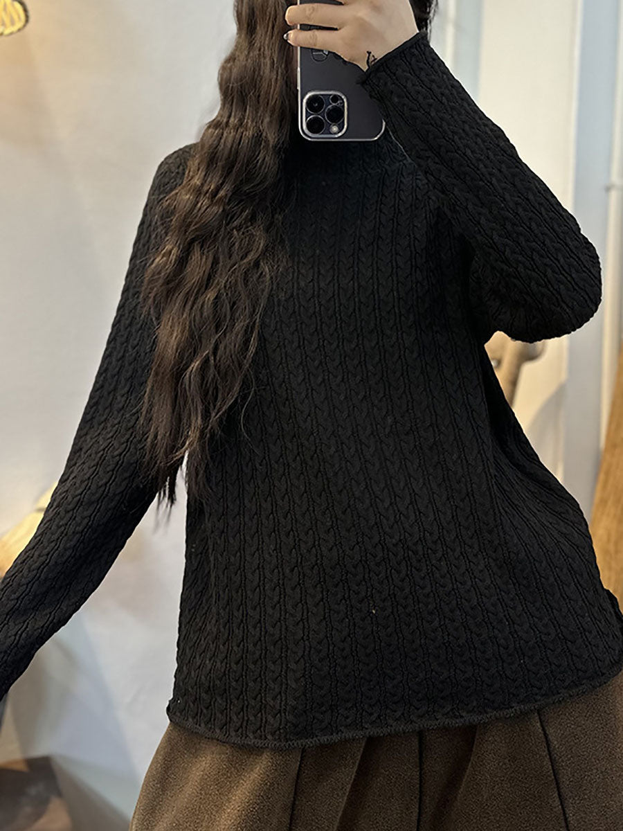 Women Casual Stripe 3D Knitted Solid Turtleneck Sweater