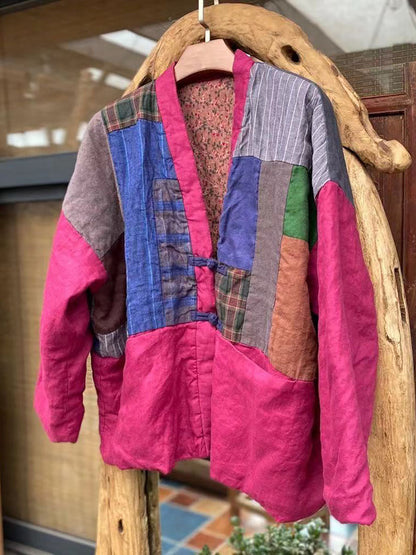 Women Vintage Spliced Button 100%Linen Padded Coat