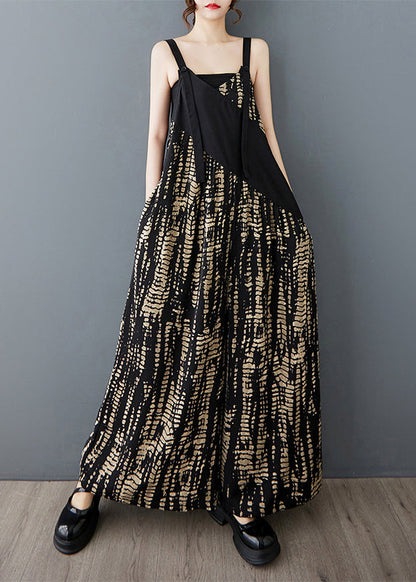 Bohemian Black Oversized Patchwork Print Cotton Jumpsuit Summer