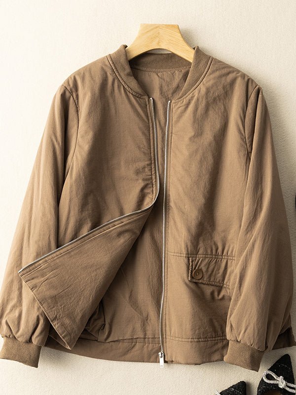100% Natural Fabric Solid Zipper Round Neck Long Sleeve Coat