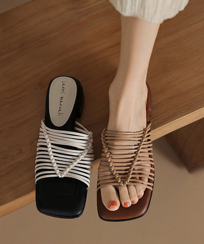 French Apricot Splicing Faux Leather Slide Sandals Peep Toe