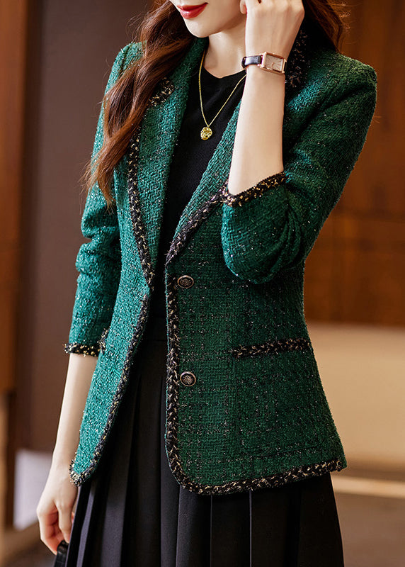 Vintage Peacock Green Patchwork Woolen Coat Spring