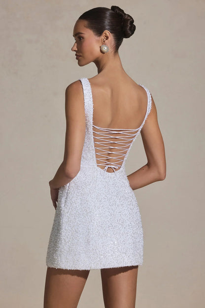 Embellished Structured A-Line Mini Dress In White