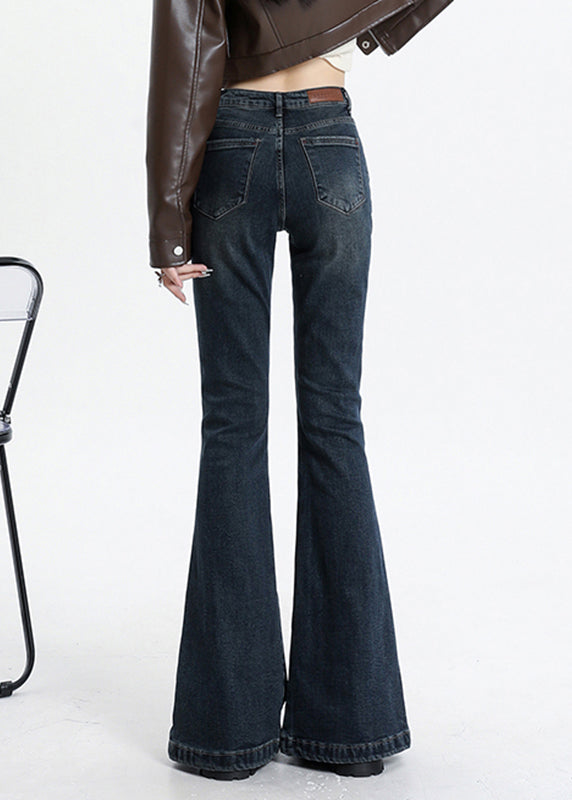 Vintage Blue Asymmetrical Pockets Patchwork High Waist Denim Flared Trousers Spring