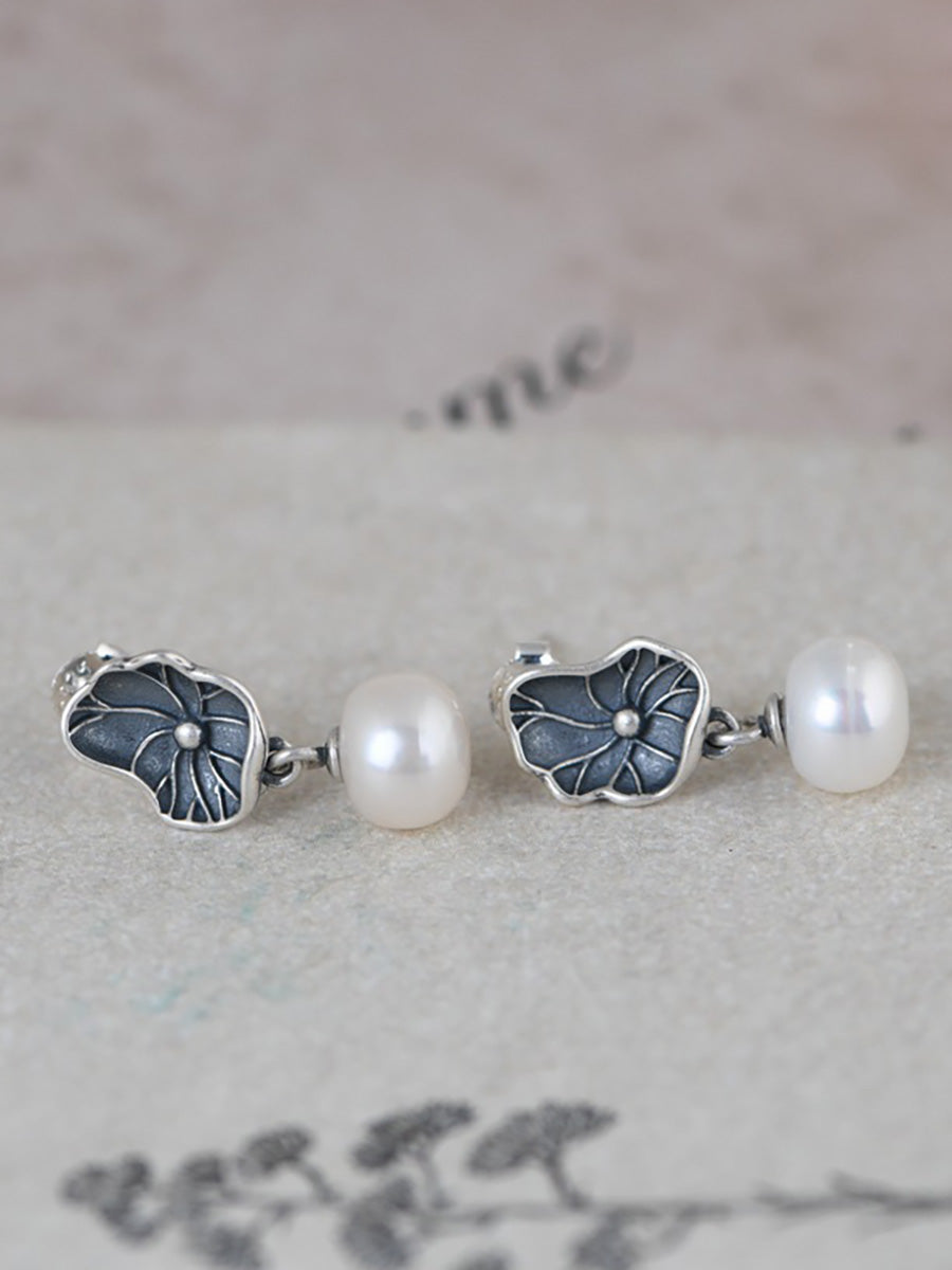 Vintage S925 Silver Women Lotus Leaf Earrings