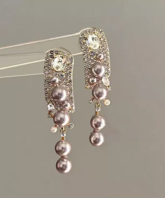 Fashion Rose Alloy Zircon Pearl Tassel Drop Earrings