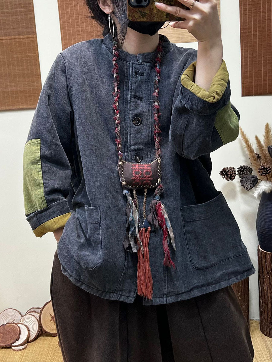 Vintage Casual Patchwork Single Breasted Thick Coat