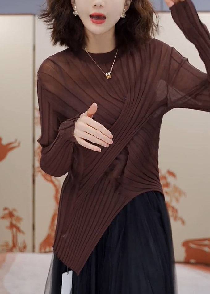 Handmade Coffee O-Neck Asymmetrical Wrinkled Tops Spring