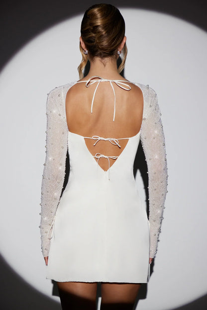 Long Sleeve Embellished A-Line Mini Dress In White