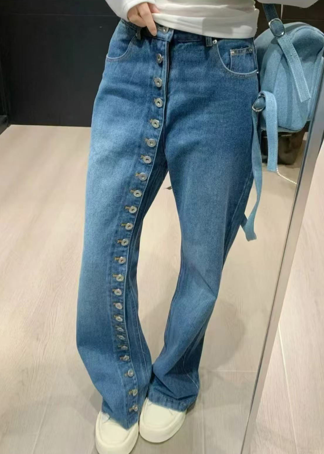 Casual Blue High Waist Pockets Patchwork Jeans Spring