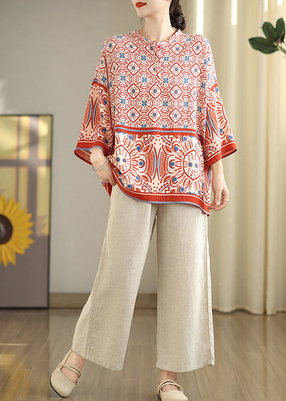 Plus Size Red Oversized Print Tops Bracelet Sleeve