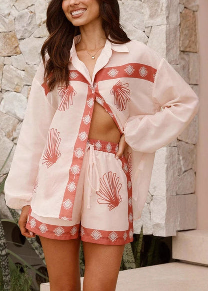 Women Pink Button Print Linen Shirt And Shorts Two Piece Set Spring