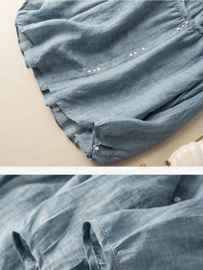 Pure Color Crew Neck Long Sleeve Casual Linen Top