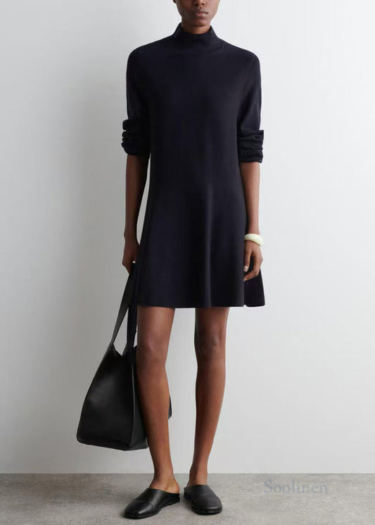 Plus Size Black Stand Collar Knit Day A Line Dress Fall