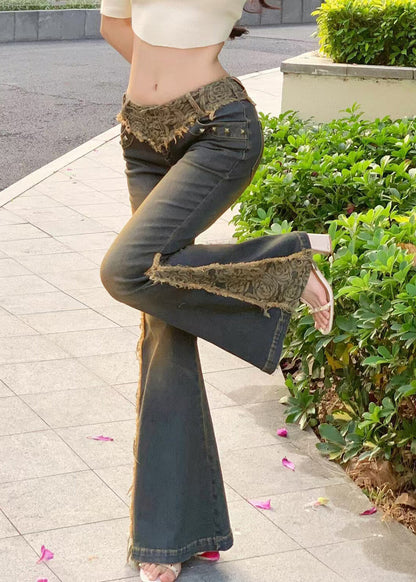 Vintage Low Waist Patchwork Lace Denim Flared Trousers Spring