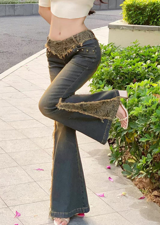 Vintage Low Waist Patchwork Lace Denim Flared Trousers Spring
