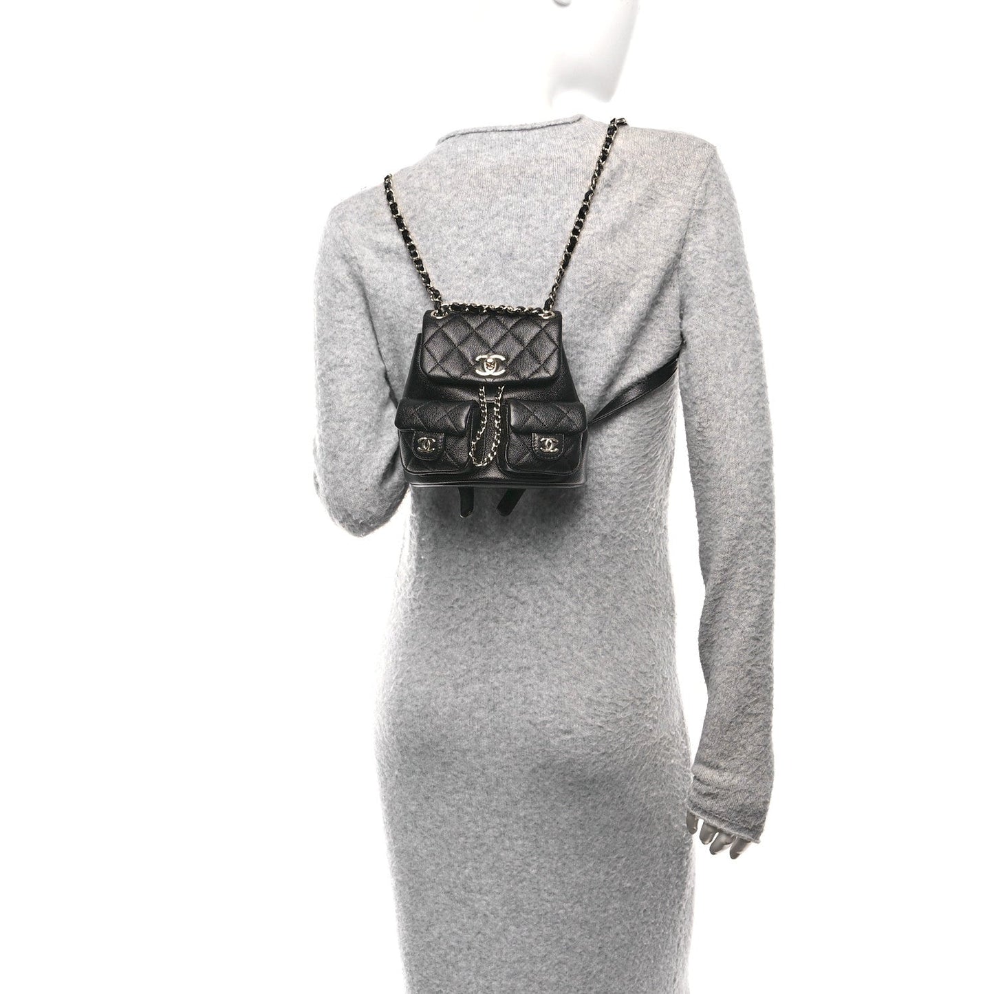 Shiny Caviar Quilted Small Duma Pockets Drawstring Backpack Black
