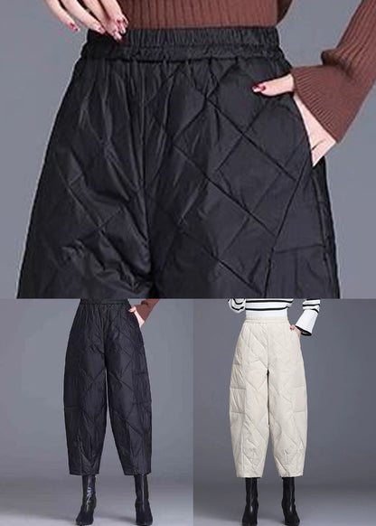 Black Plaid Solid Fine Cotton Filled Crop Pants Elastic Waist