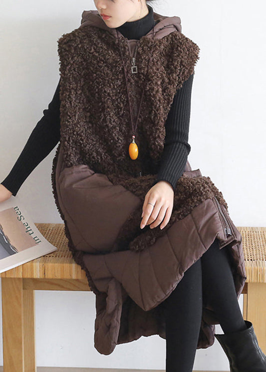 Plus Size Coffee Colour Zippered Pockets Woolen Cotton Hooded Waistcoat Sleeveless