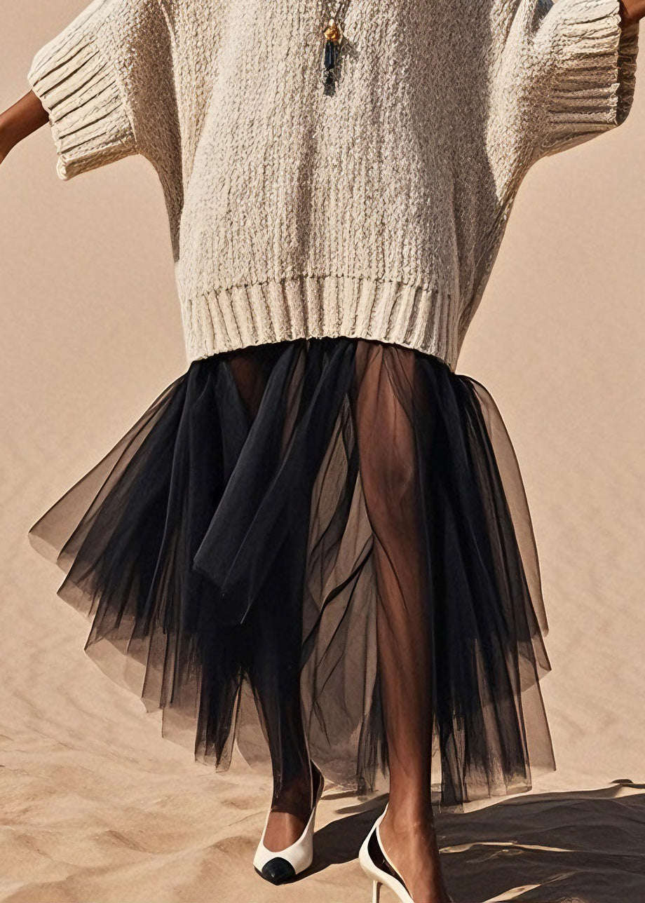 Women V Neck Tulle Patchwork Knit Sweater Dress Spring