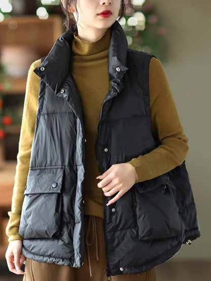 Women Casual Agaric Lace Button Pocket Down Vest