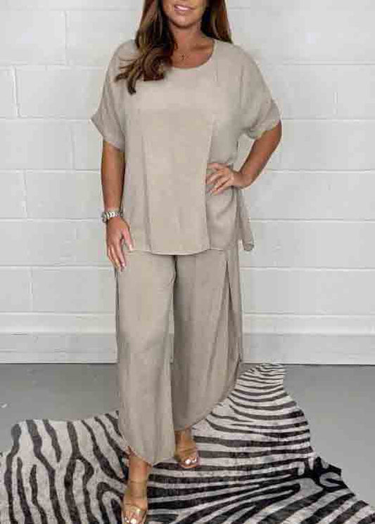 Casual Solid Color Oversized Side Open Linen Two Pieces Set Summer