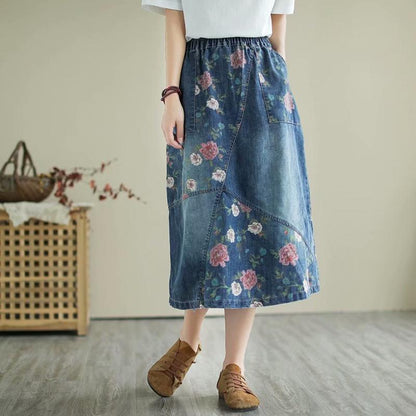 Retro Floral Loose Casual Patchwork Denim Skirt