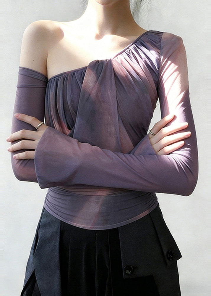 Women Purple One Shoulder Wrinkled Tulle Shirt Spring