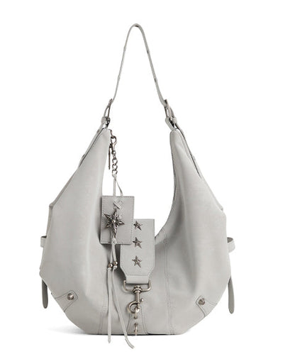 Stylish Light Blue Rivet Solid Durable Faux Leather Saddle Bag