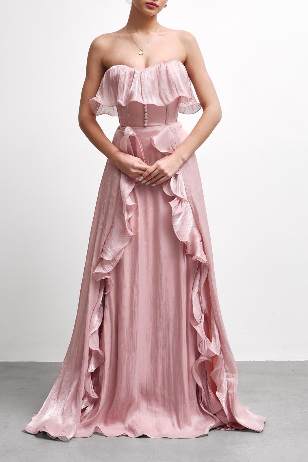 Blush Strapless Ruffle Draped Floor-Length Evening Gown