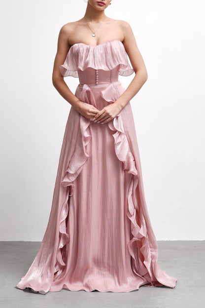 Blush Strapless Ruffle Draped Floor-Length Evening Gown