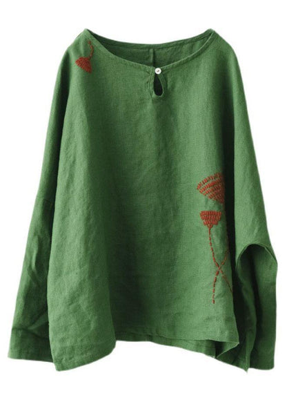 Plus Size Green Loose Embroideried Fall cotton blend Shirt Tops Long Sleeve