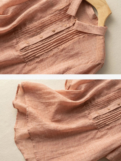 Solid Color Short Sleeve Casual Linen Pleated Top