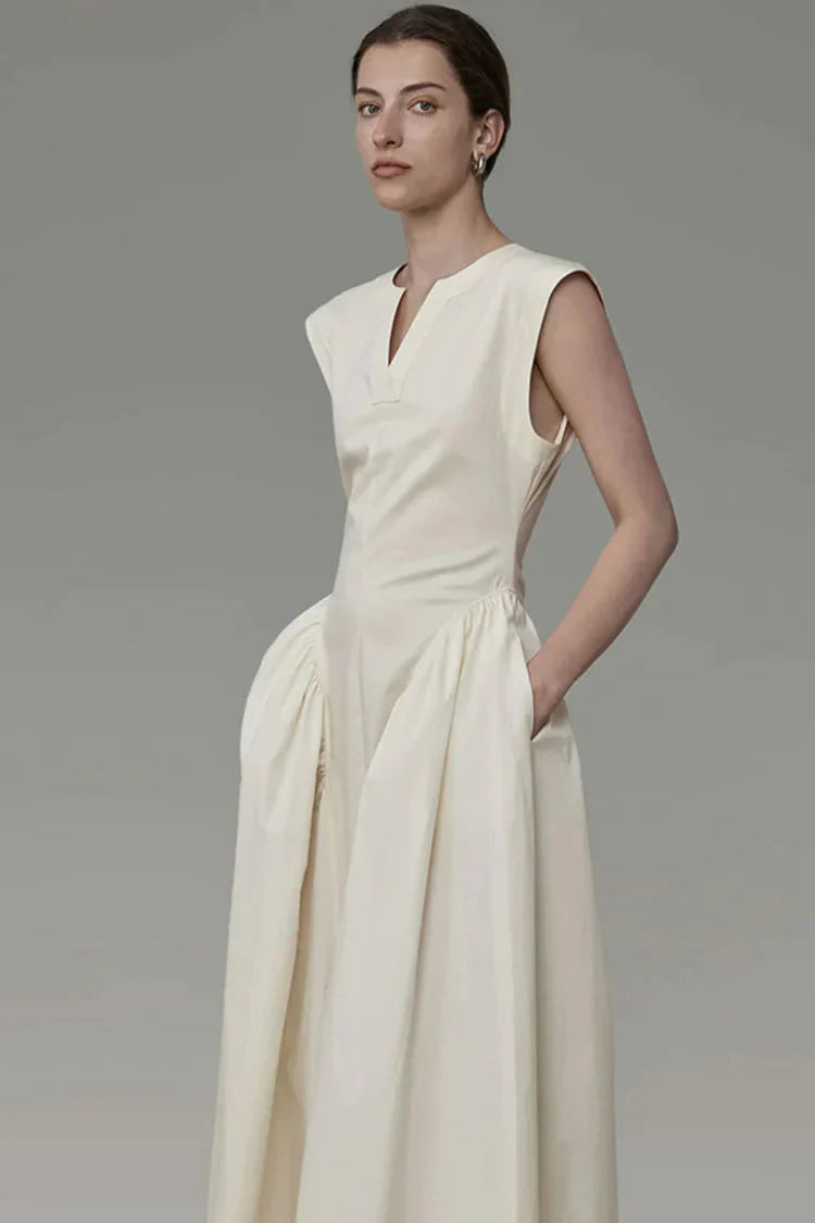 Classy V Neck Ruffle Detail Pocket Trim Sleeveless Maxi Dress - Apricot