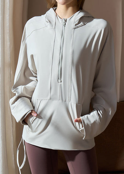 Modern Light Grey Pockets Patchwork Hooded Yoga Coats