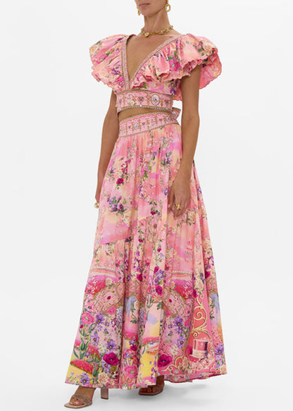 Elegant Pink V Neck Print Pockets Cotton Two Piece Set Summer