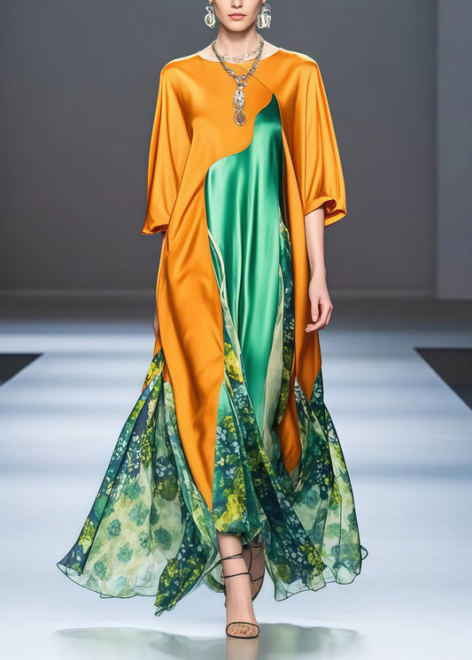 Beautiful Yellow Asymmetrical Patchwork Draping Silk Holiday Dress Spring