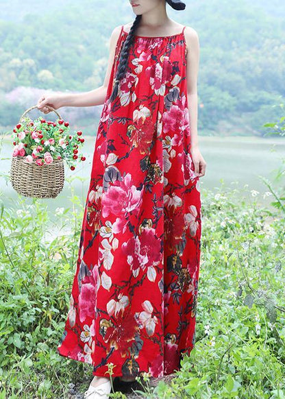 100% red floral linen sleeveless long summer Dresses