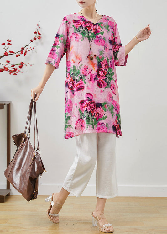 Casual Rose Oversized Print Linen Two Pieces Set Summer