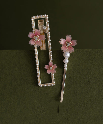 Chinese Style Alloy Zircon Pearl Resin Floral Hairpin Two-Piece Set