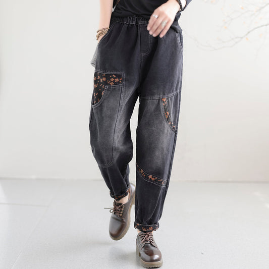 Women Autumn Loose Retro Patchwork Cotton Jeans